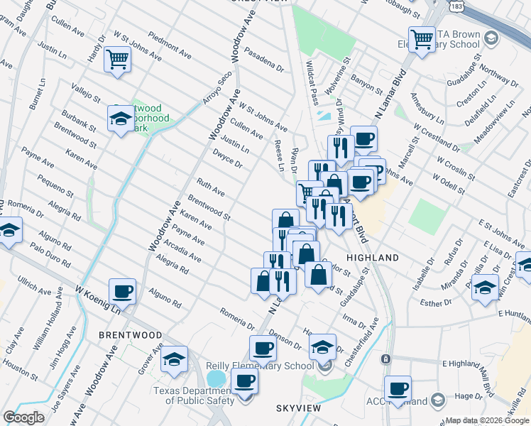 map of restaurants, bars, coffee shops, grocery stores, and more near 1004 Ruth Avenue in Austin