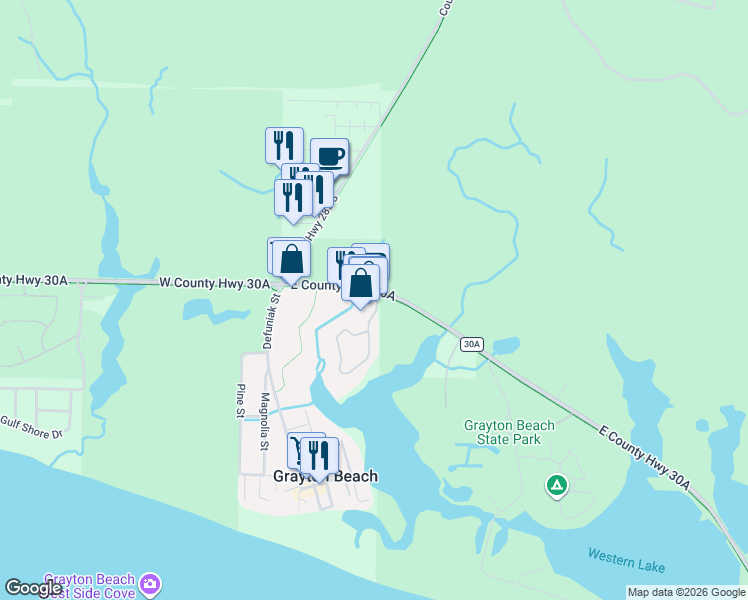 map of restaurants, bars, coffee shops, grocery stores, and more near 50 Uptown Grayton Circle in Santa Rosa Beach