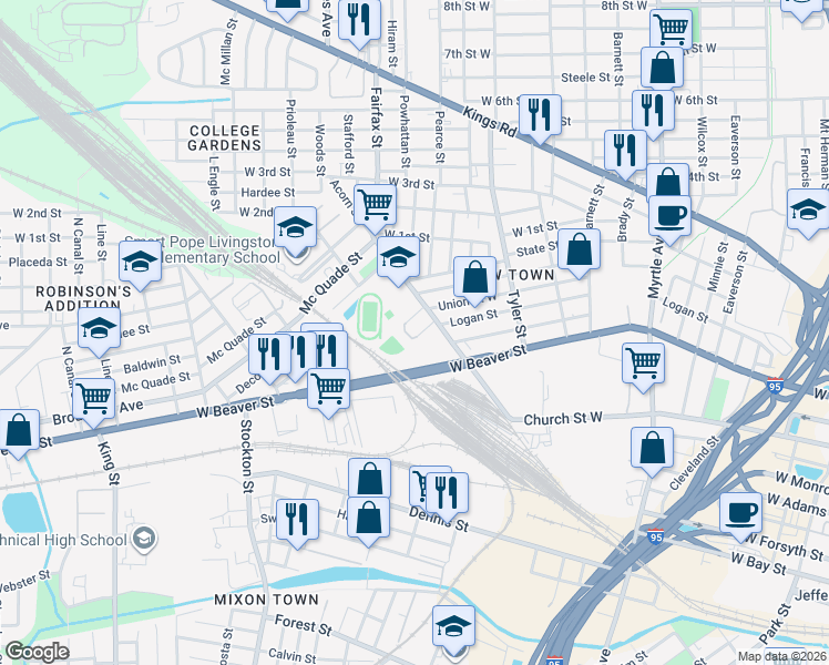 map of restaurants, bars, coffee shops, grocery stores, and more near 1737 Logan Street West in Jacksonville