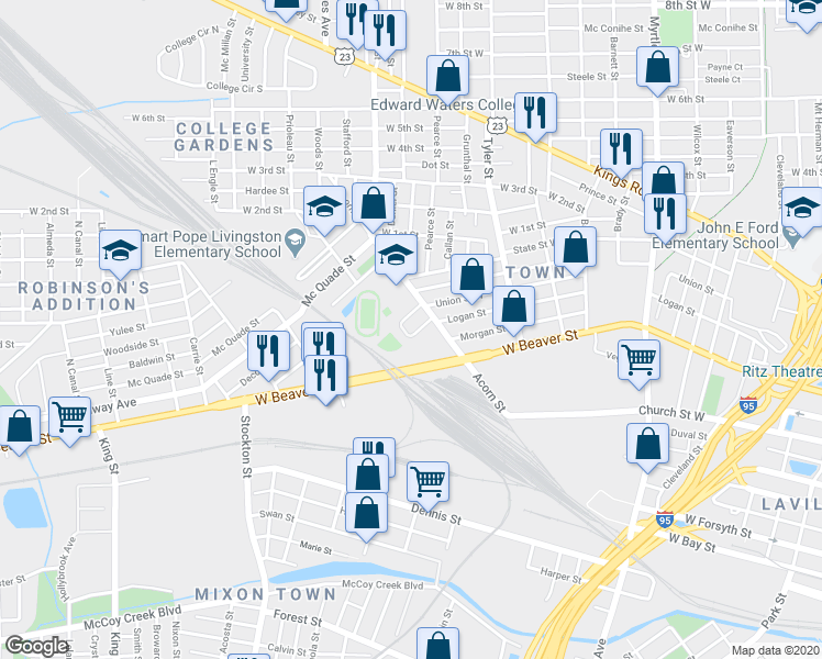 map of restaurants, bars, coffee shops, grocery stores, and more near 1737 Logan Street in Jacksonville