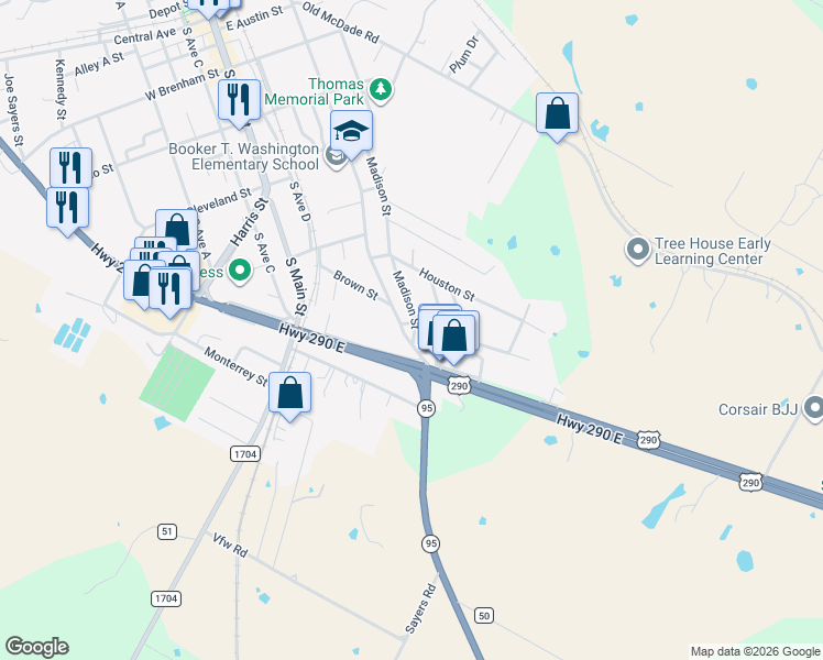 map of restaurants, bars, coffee shops, grocery stores, and more near 801 Martin Luther King Boulevard in Elgin