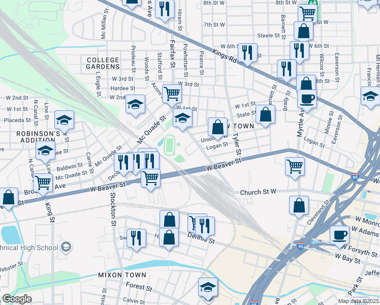 map of restaurants, bars, coffee shops, grocery stores, and more near 1737 Logan Street in Jacksonville