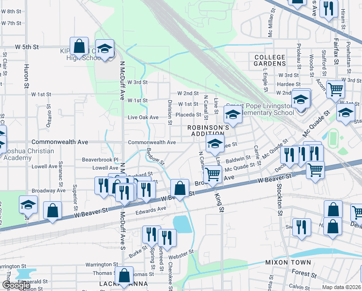 map of restaurants, bars, coffee shops, grocery stores, and more near 2249 Bradford Street in Jacksonville