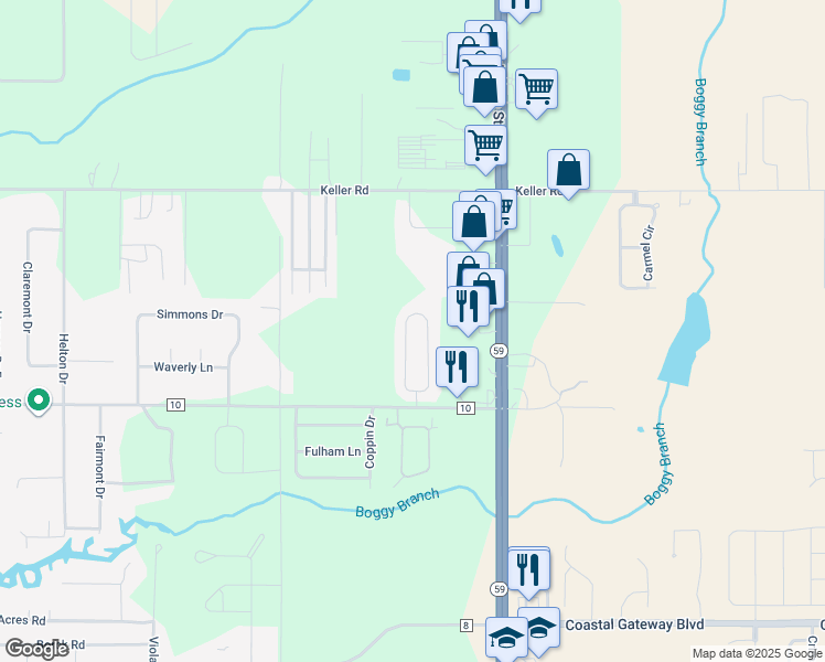 map of restaurants, bars, coffee shops, grocery stores, and more near 7824 Audubon Drive in Foley