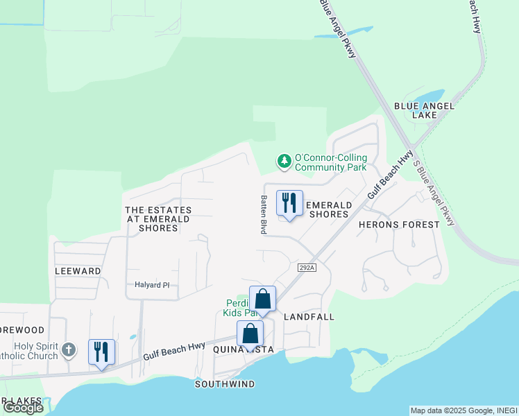 map of restaurants, bars, coffee shops, grocery stores, and more near 578 Batten Boulevard in Pensacola
