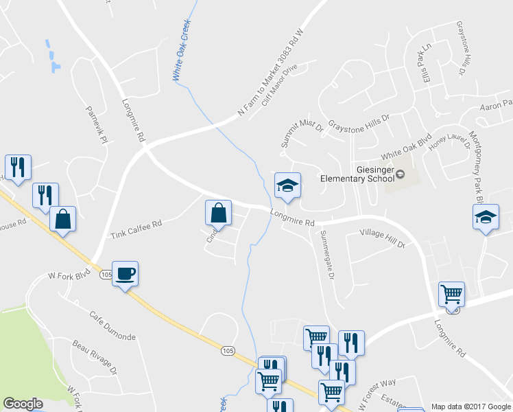map of restaurants, bars, coffee shops, grocery stores, and more near 1890 Longmire Road in Conroe