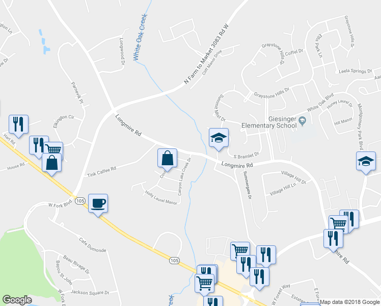 map of restaurants, bars, coffee shops, grocery stores, and more near 1900 Longmire Road in Conroe