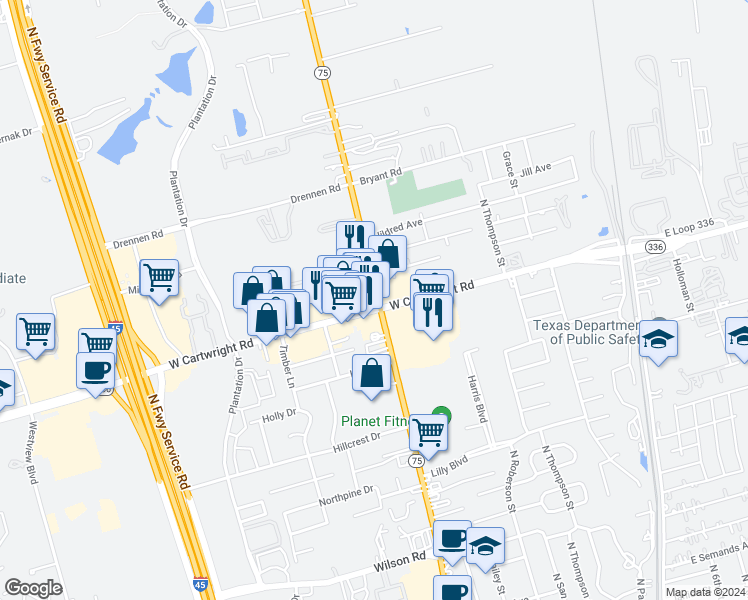 map of restaurants, bars, coffee shops, grocery stores, and more near 690 North Loop 336 West in Conroe