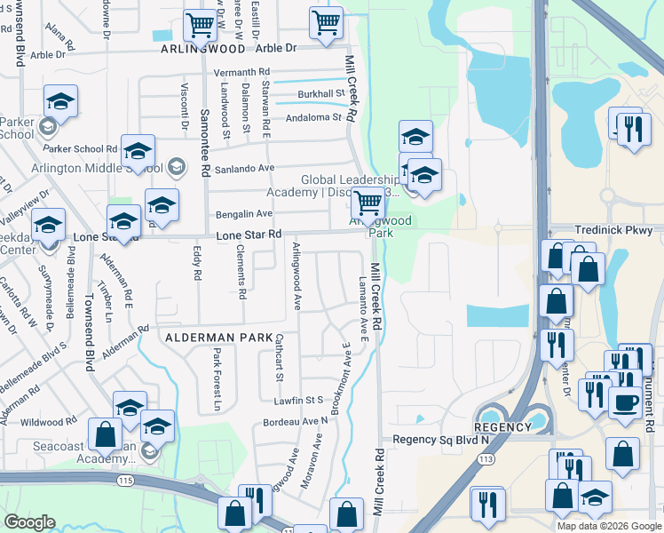 map of restaurants, bars, coffee shops, grocery stores, and more near 1406 Malverne Avenue in Jacksonville