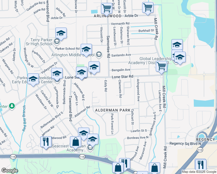 map of restaurants, bars, coffee shops, grocery stores, and more near 1365 Eddy Road in Jacksonville