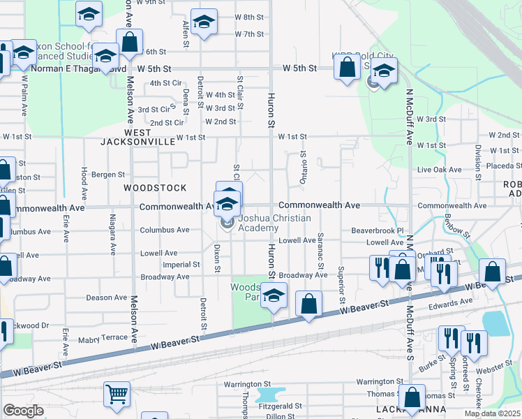 map of restaurants, bars, coffee shops, grocery stores, and more near 947 Huron Street in Jacksonville
