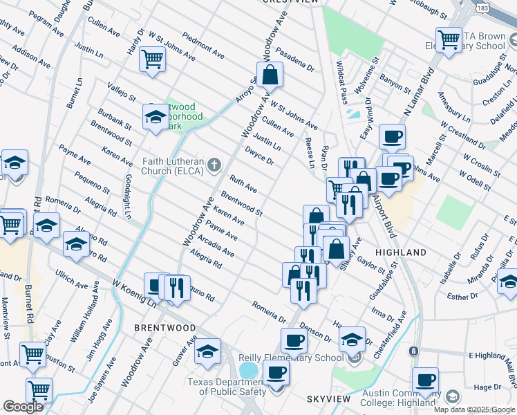 map of restaurants, bars, coffee shops, grocery stores, and more near 1203 Brentwood Street in Austin