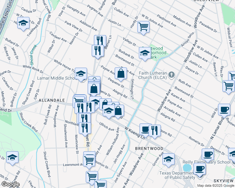 map of restaurants, bars, coffee shops, grocery stores, and more near 1901 Alegria Road in Austin