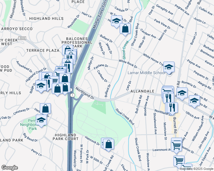map of restaurants, bars, coffee shops, grocery stores, and more near 5708 Bullard Drive in Austin