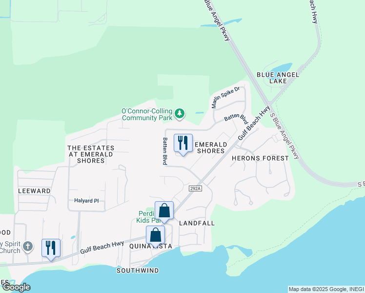 map of restaurants, bars, coffee shops, grocery stores, and more near 393 Mizzen Lane in Pensacola
