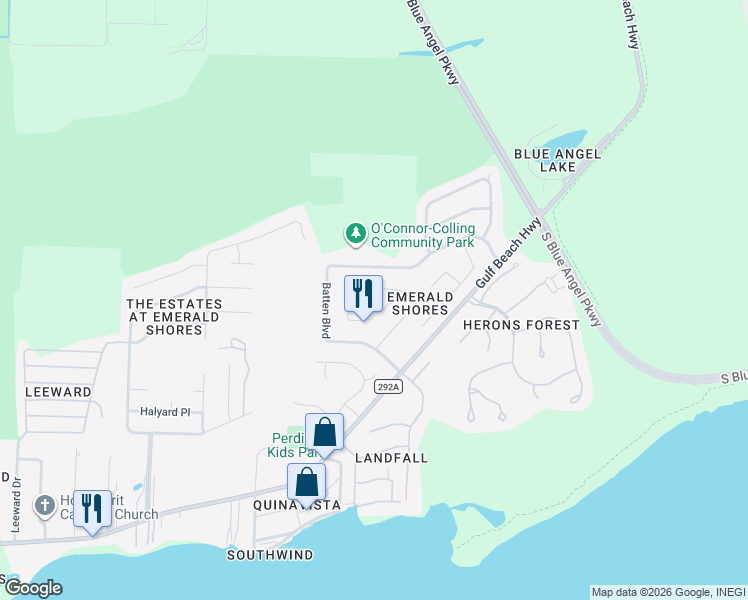 map of restaurants, bars, coffee shops, grocery stores, and more near 394 Mizzen Lane in Pensacola