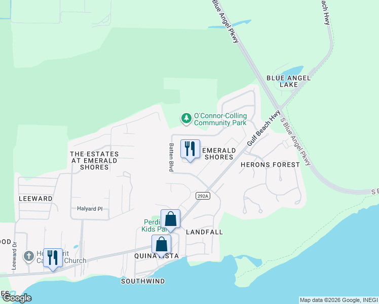 map of restaurants, bars, coffee shops, grocery stores, and more near 390 Mizzen Lane in Pensacola