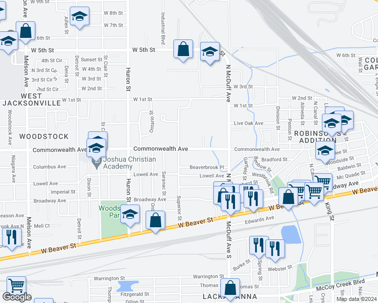 map of restaurants, bars, coffee shops, grocery stores, and more near 2604 Commonwealth Avenue in Jacksonville