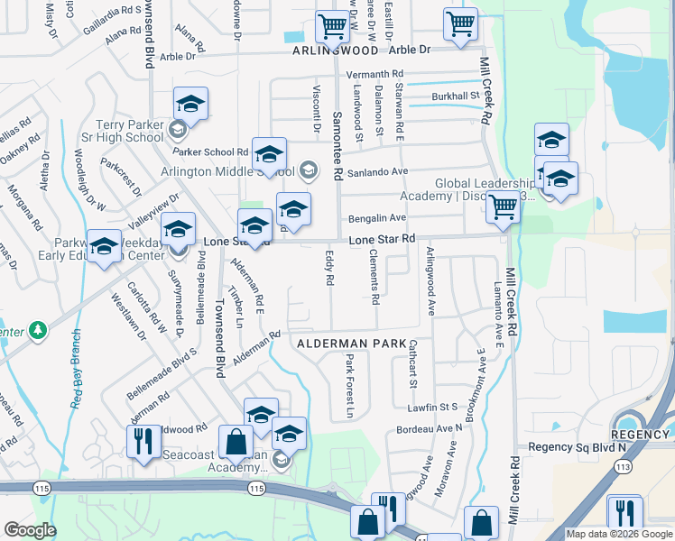 map of restaurants, bars, coffee shops, grocery stores, and more near 1365 Eddy Road in Jacksonville