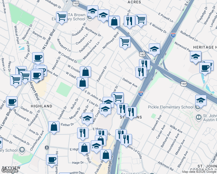 map of restaurants, bars, coffee shops, grocery stores, and more near 305 East Croslin Street in Austin