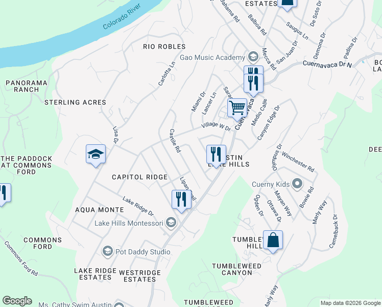 map of restaurants, bars, coffee shops, grocery stores, and more near 1118 San Augustine Drive in Austin