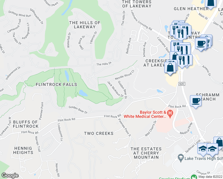 map of restaurants, bars, coffee shops, grocery stores, and more near 213 Jack Nicklaus Dr in Lakeway