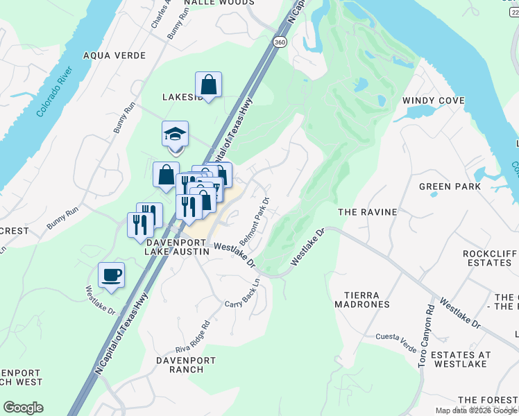 map of restaurants, bars, coffee shops, grocery stores, and more near 6008 Long Champ Court in Austin