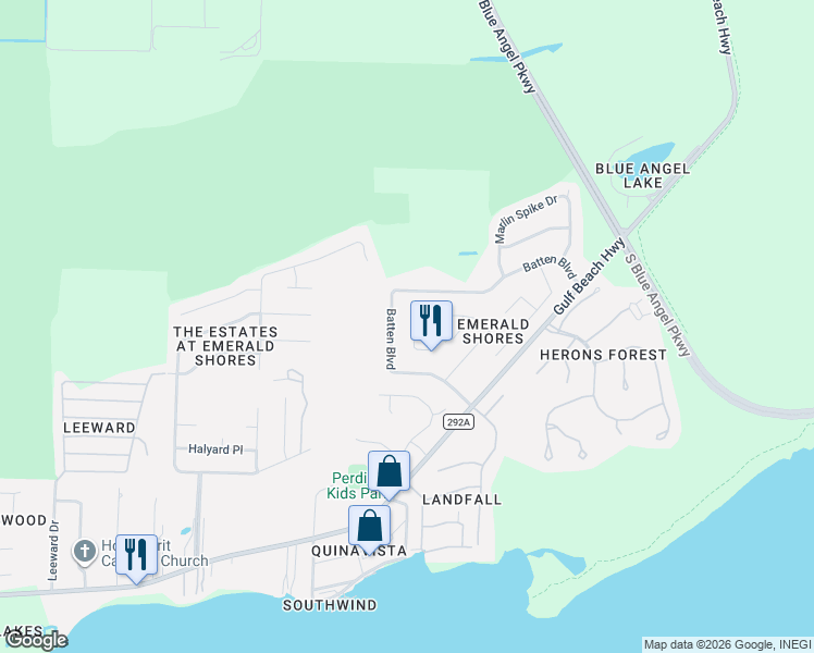 map of restaurants, bars, coffee shops, grocery stores, and more near 581 Batten Boulevard in Pensacola