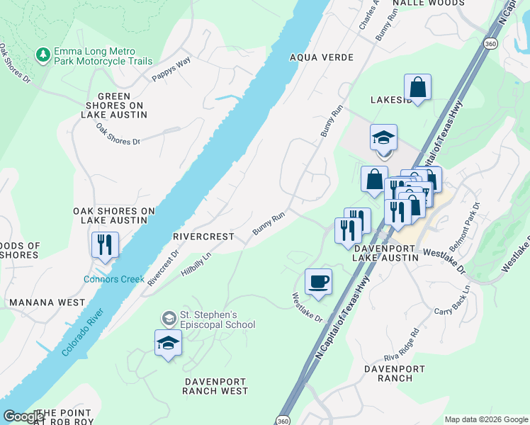 map of restaurants, bars, coffee shops, grocery stores, and more near 3500 Bunny Run in Austin