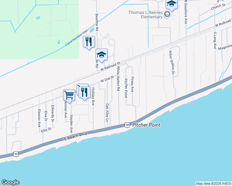 map of restaurants, bars, coffee shops, grocery stores, and more near 205 White Harbor Road in Long Beach