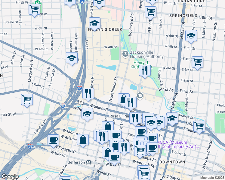 map of restaurants, bars, coffee shops, grocery stores, and more near 900-938 N Jefferson St in Jacksonville