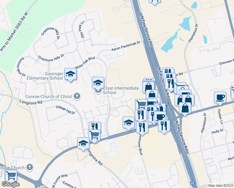 map of restaurants, bars, coffee shops, grocery stores, and more near 2300 Montgomery Park Boulevard in Conroe