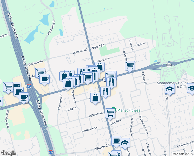 map of restaurants, bars, coffee shops, grocery stores, and more near 690 North Loop 336 West in Conroe
