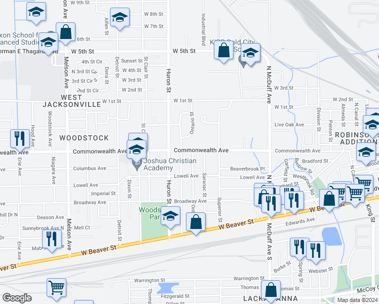 map of restaurants, bars, coffee shops, grocery stores, and more near 960 Ontario Street in Jacksonville
