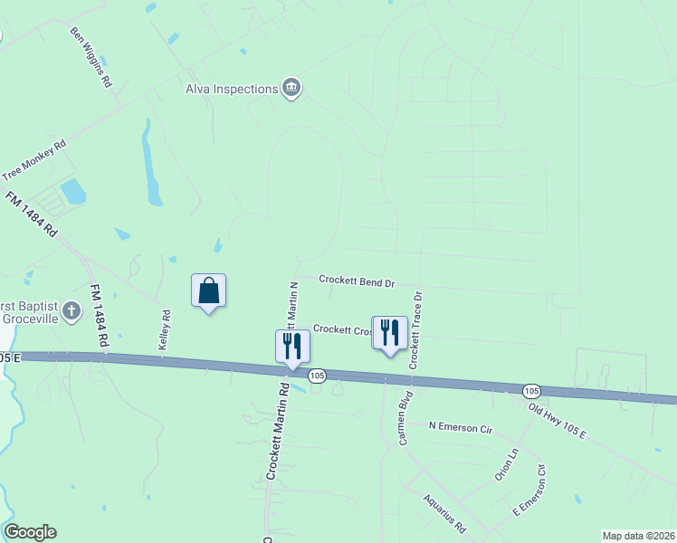 map of restaurants, bars, coffee shops, grocery stores, and more near 16327 Crockett Bend Drive in Conroe