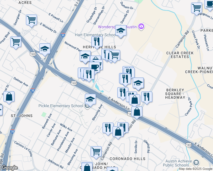 map of restaurants, bars, coffee shops, grocery stores, and more near 1044 Norwood Park Boulevard in Austin