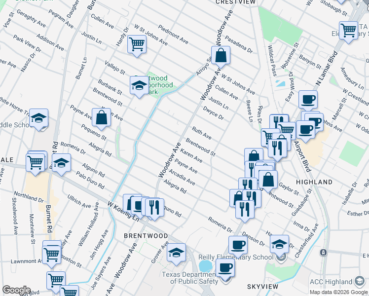 map of restaurants, bars, coffee shops, grocery stores, and more near 1308 Karen Avenue in Austin
