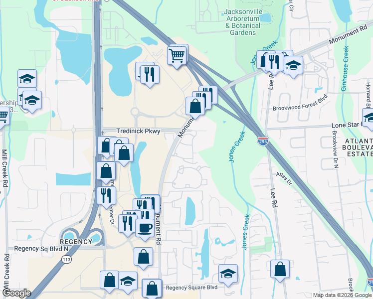 map of restaurants, bars, coffee shops, grocery stores, and more near 989 Monument Road in Jacksonville