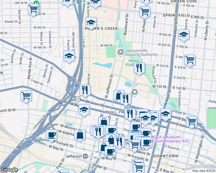 map of restaurants, bars, coffee shops, grocery stores, and more near 980 North Jefferson Street in Jacksonville