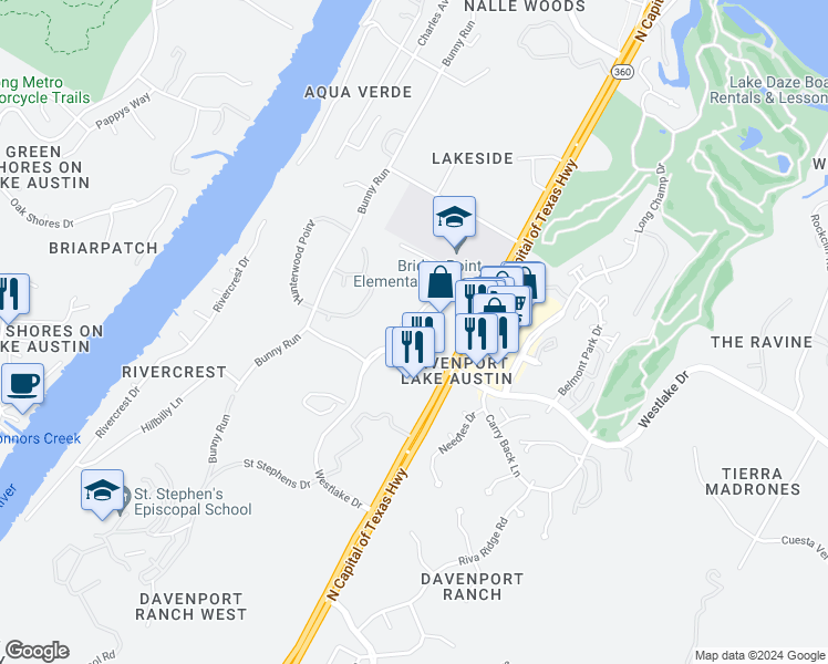 map of restaurants, bars, coffee shops, grocery stores, and more near 3700 North Capital of Texas Highway in Austin