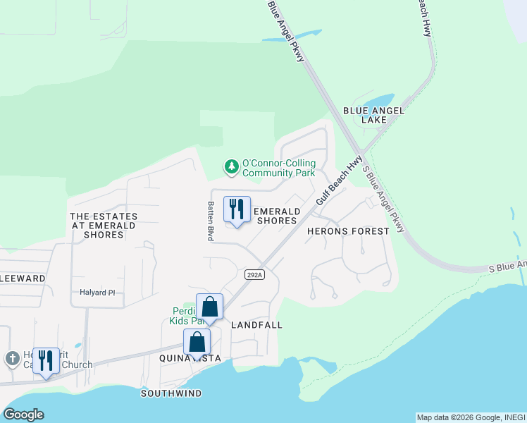 map of restaurants, bars, coffee shops, grocery stores, and more near 4104 Spinnaker Place in Pensacola