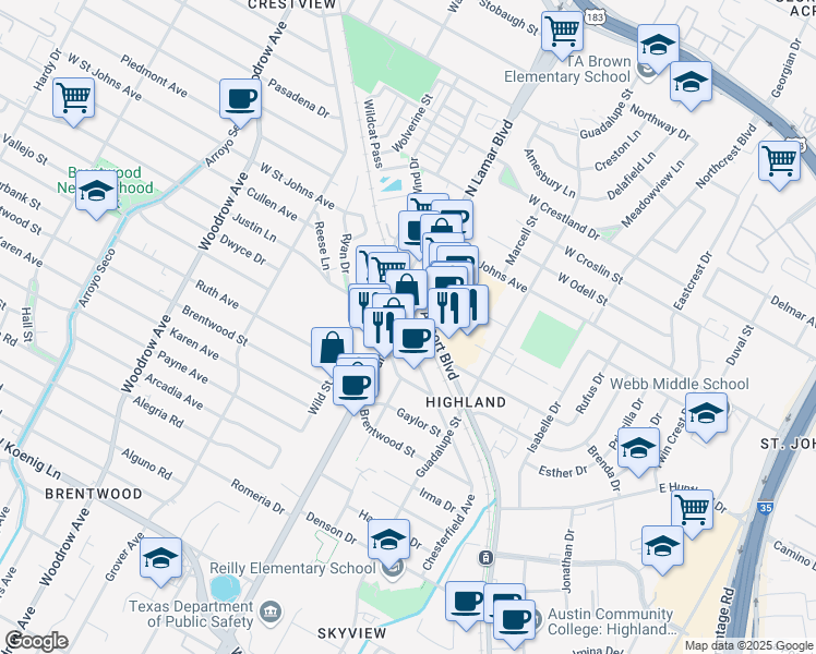 map of restaurants, bars, coffee shops, grocery stores, and more near 6904 Shirley Avenue in Austin