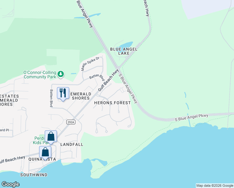map of restaurants, bars, coffee shops, grocery stores, and more near 9955 Rail Circle in Pensacola