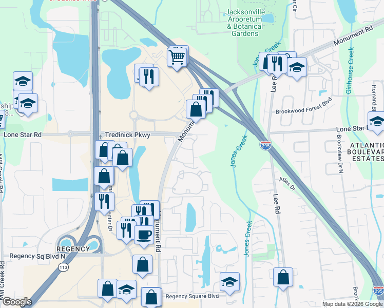 map of restaurants, bars, coffee shops, grocery stores, and more near 989 Monument Road in Jacksonville