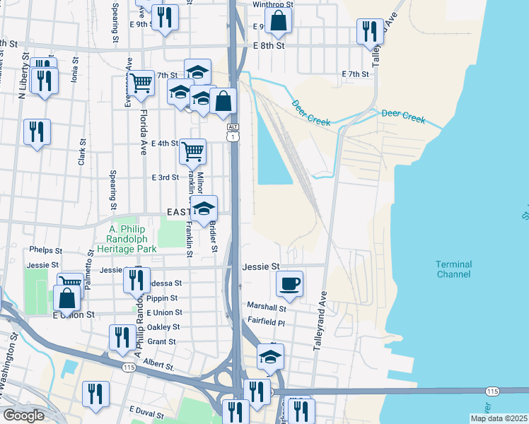 map of restaurants, bars, coffee shops, grocery stores, and more near 1593 Jessie Street in Jacksonville