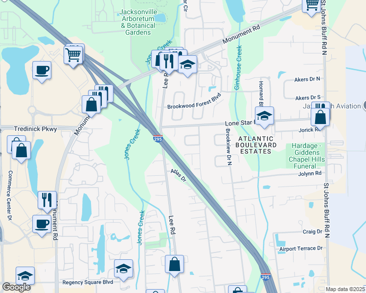 map of restaurants, bars, coffee shops, grocery stores, and more near 10114 Geni Hill Circle South in Jacksonville
