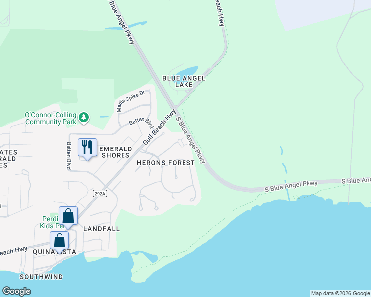 map of restaurants, bars, coffee shops, grocery stores, and more near 10116 Bittern Drive in Pensacola