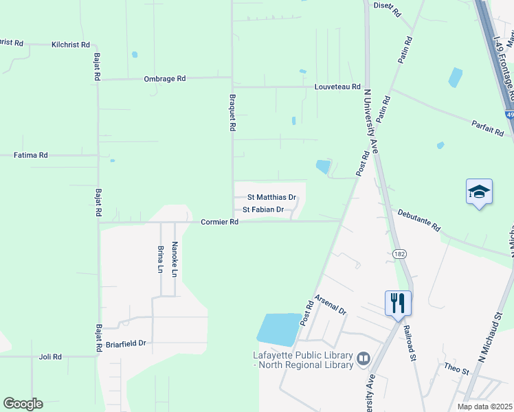 map of restaurants, bars, coffee shops, grocery stores, and more near 114 St Fabian Dr in Carencro
