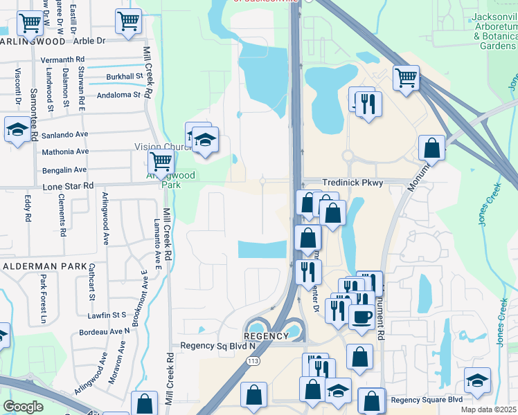 map of restaurants, bars, coffee shops, grocery stores, and more near 1462 Solera Terrace in Jacksonville