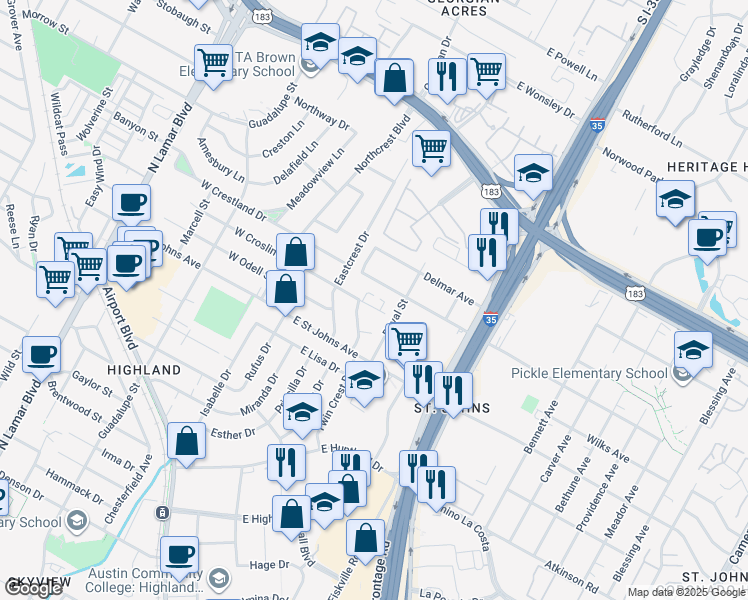 map of restaurants, bars, coffee shops, grocery stores, and more near 305 East Croslin Street in Austin